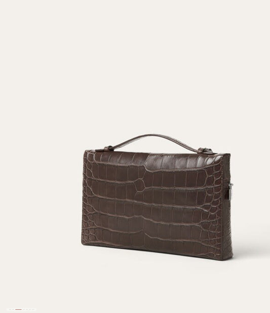 Preorder Crocodile Leather Zipper Pouch Handle Bag Brown