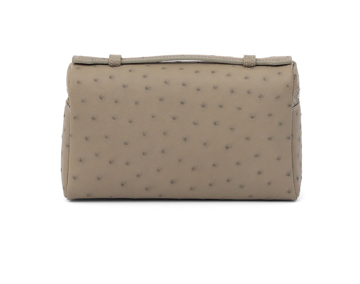 Genuine Ostrich Skin Leather Zipper Cosmetic Handle Bag Large