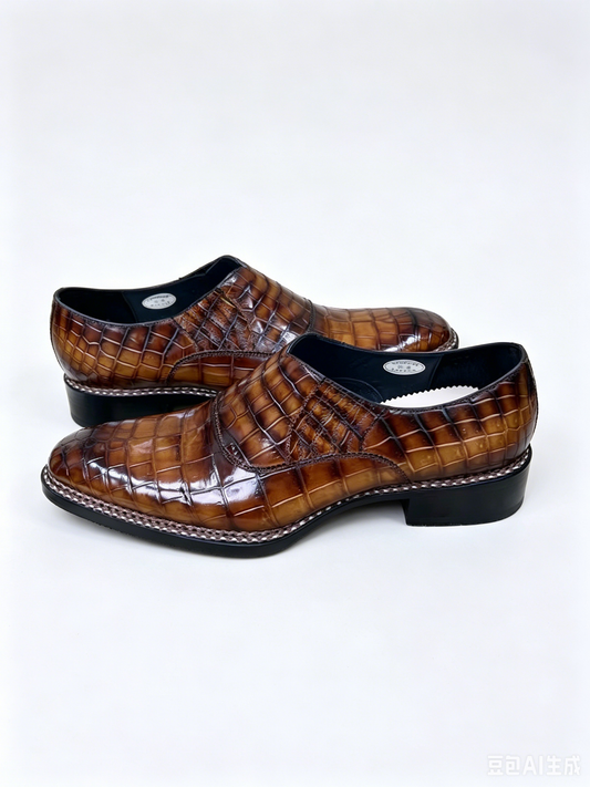 Crocodile Shoes, Men's Vintage Brown Crocodile Leather Loafer Slip-On Shoes