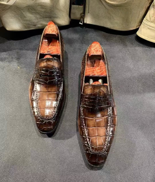 Crocodile Shoes, Men's Vintage Brown Crocodile Leather Shoes