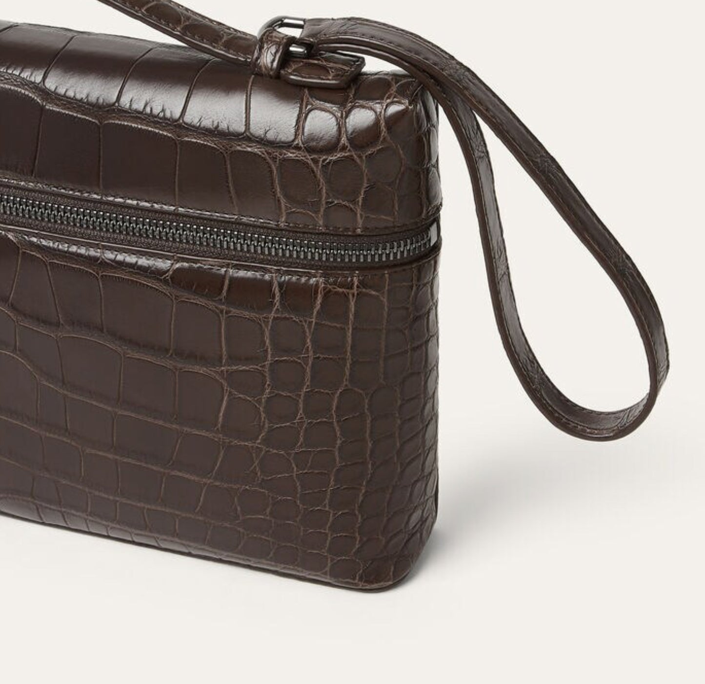 Preorder Crocodile Leather Zipper Pouch Handle Bag Brown