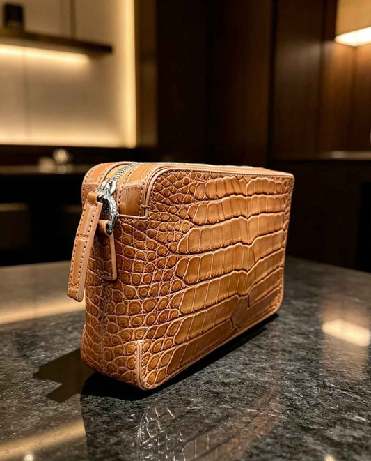 Genuine Crocodile Skin Leather Shoulder Chest Cross Body Clutch Bag Tan