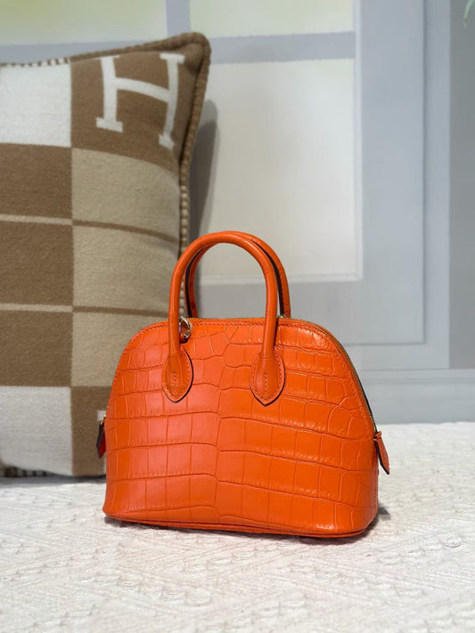 Genuine Crocodile Leather Mini Bowling Top Handle Bag Orange