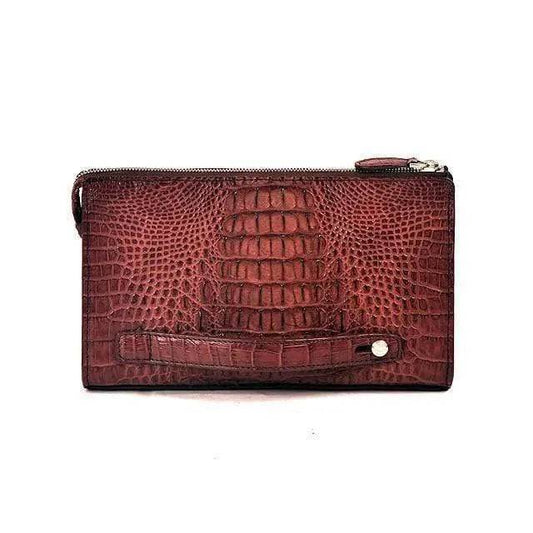 Brown Crocodile Skin Leather Mens Zip Top Clutch Bag