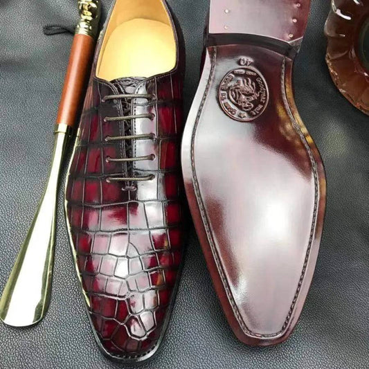 Crocodile Shoes Burnished Burgundy Derby Crocodile Belly Leather Lace-Up Shoes For Men