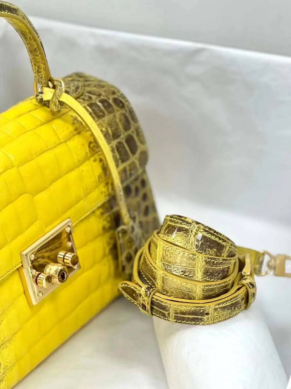 Crocodile Leather Top Handle Cross Body Bag Himalaya Yellow