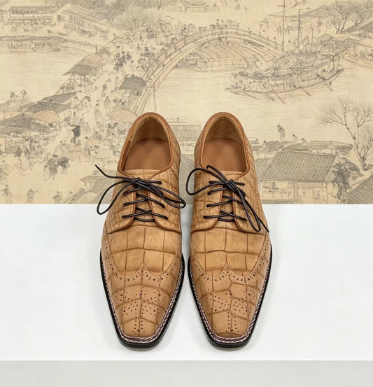 Crocodile Shoes, Men's Nubuckn Crocodile Leather Business Lace Up Shoes