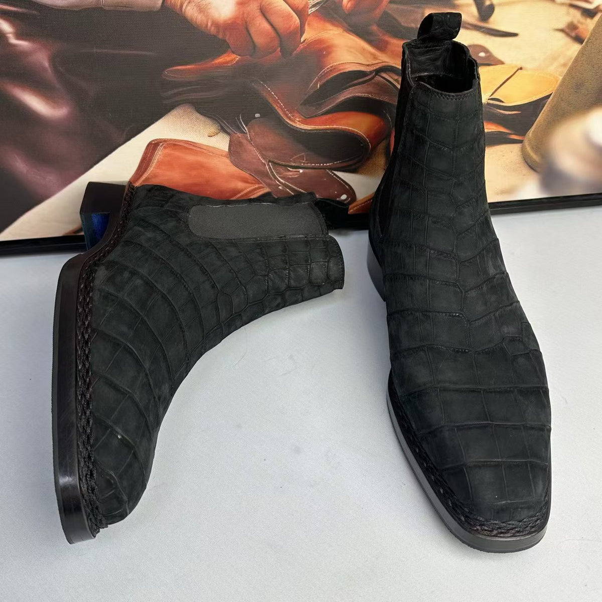 Crocodile Boots ,Men’s Crocodile Leather Chelsea Ankle Boots Black