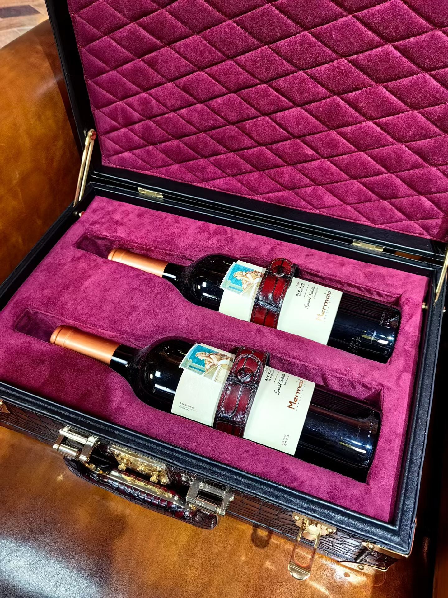 Genuine Crocodile Skin Leather Wine Box Bag Vintage Wine Red