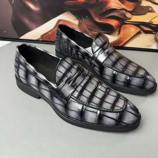 Crocodile Leather Loafer Shoes Vintage Grey