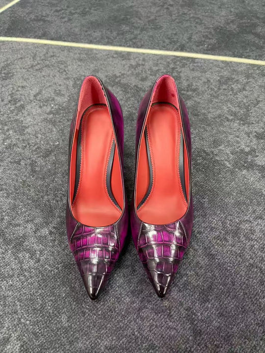 Crocodile High Heel Shoes ,Full Handmade Women Vintage Genuine Crocodile Leather High Heel Shoes