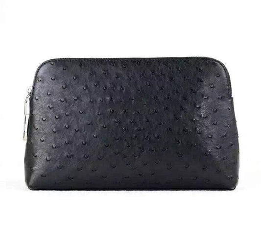 Genuine Ostrich Leather Shell Clutch Bag/Travel Case With Lock Black For Men