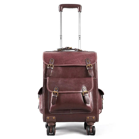 Genuine Vintage Vegetable Tanned Leather Check-In Carry On Business Rolling Bag Rotate Universal Wheel 23 Inch Leather Business Trolley Bag