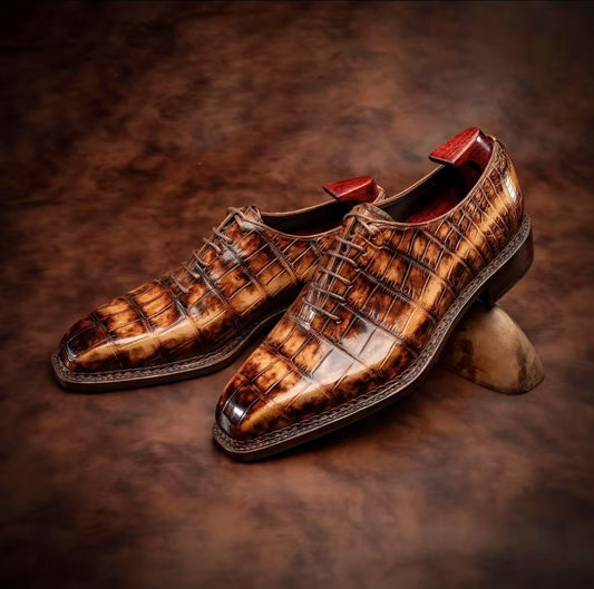 Crocodile Shoes Crocodile Leather Norwegian Sewn Lace Up Dress Shoes