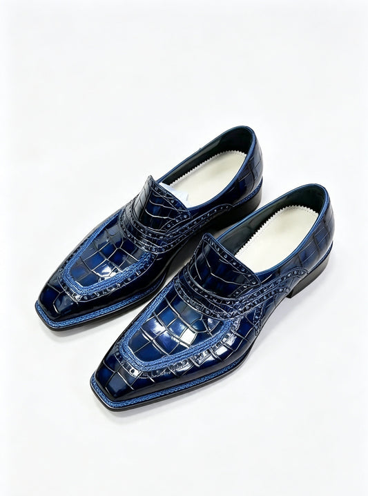 Preorder Crocodile Shoes Vintage Blue Crocodile Leather Norwegian Sewn Dress Loafer Shoes