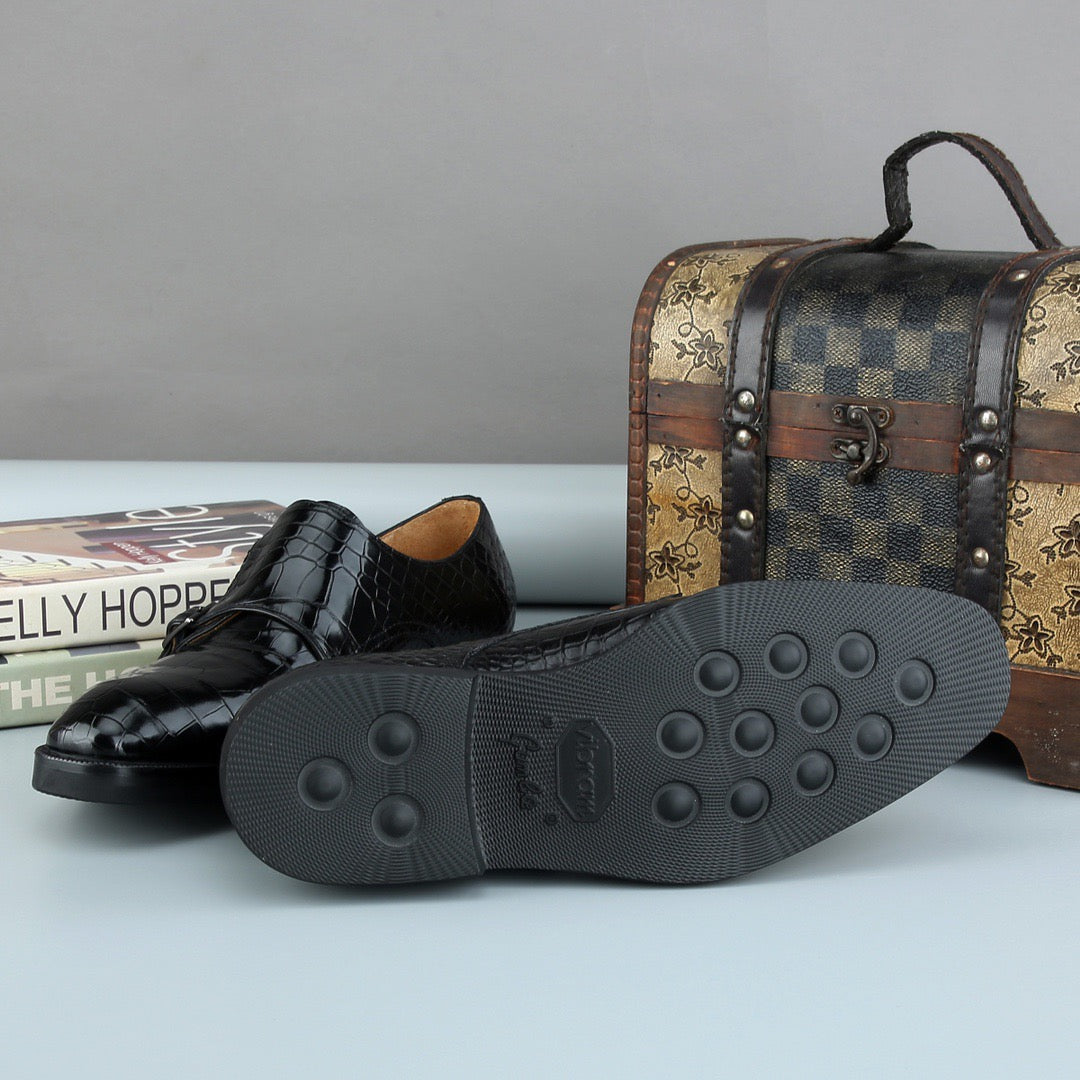 Crocodile Shoes Men's Crocodile Leather Brogue Lace-Up Shoes Black