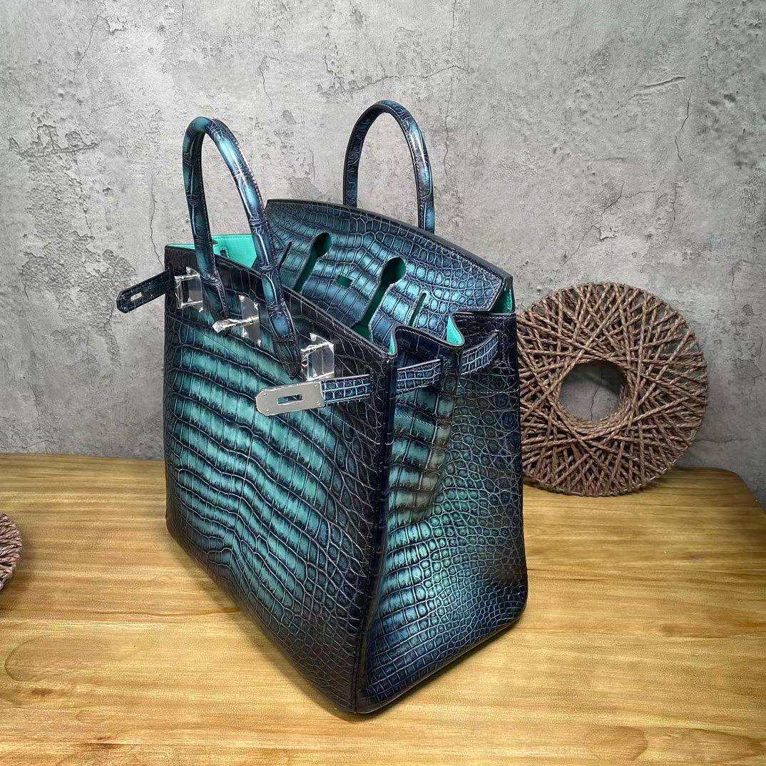 Genuine Crocodile Skin Leather 40cm Oversized Padlock Business Handbags Office Bags Vintage Turquoise Green Color