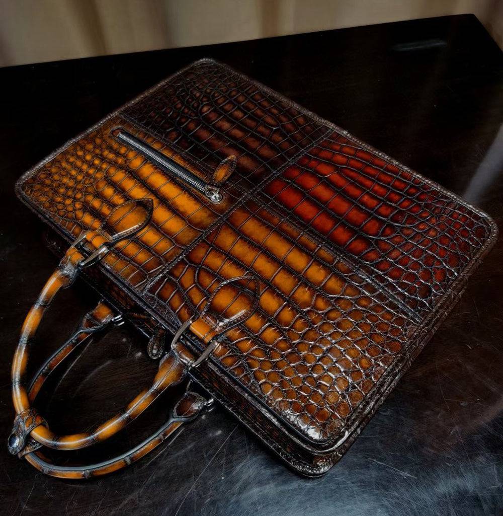 Men's Vintage Multi Color Crocodile Leather Briefcase With Carry on Duffel Bag Trolley Sleeve 38498