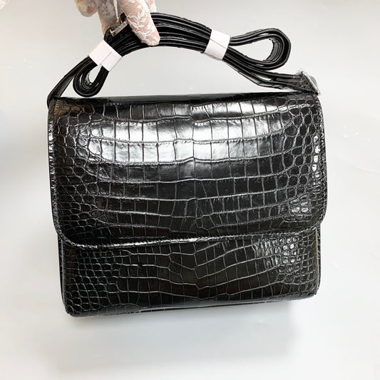 Genuine Crocodile Skin Leather Messenger Cross Body Bag Black