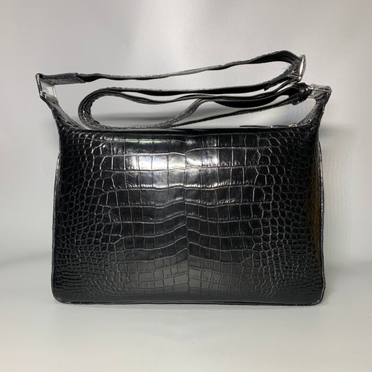 Genuine Crocodile Skin Leather Messenger Cross Body Bag Black