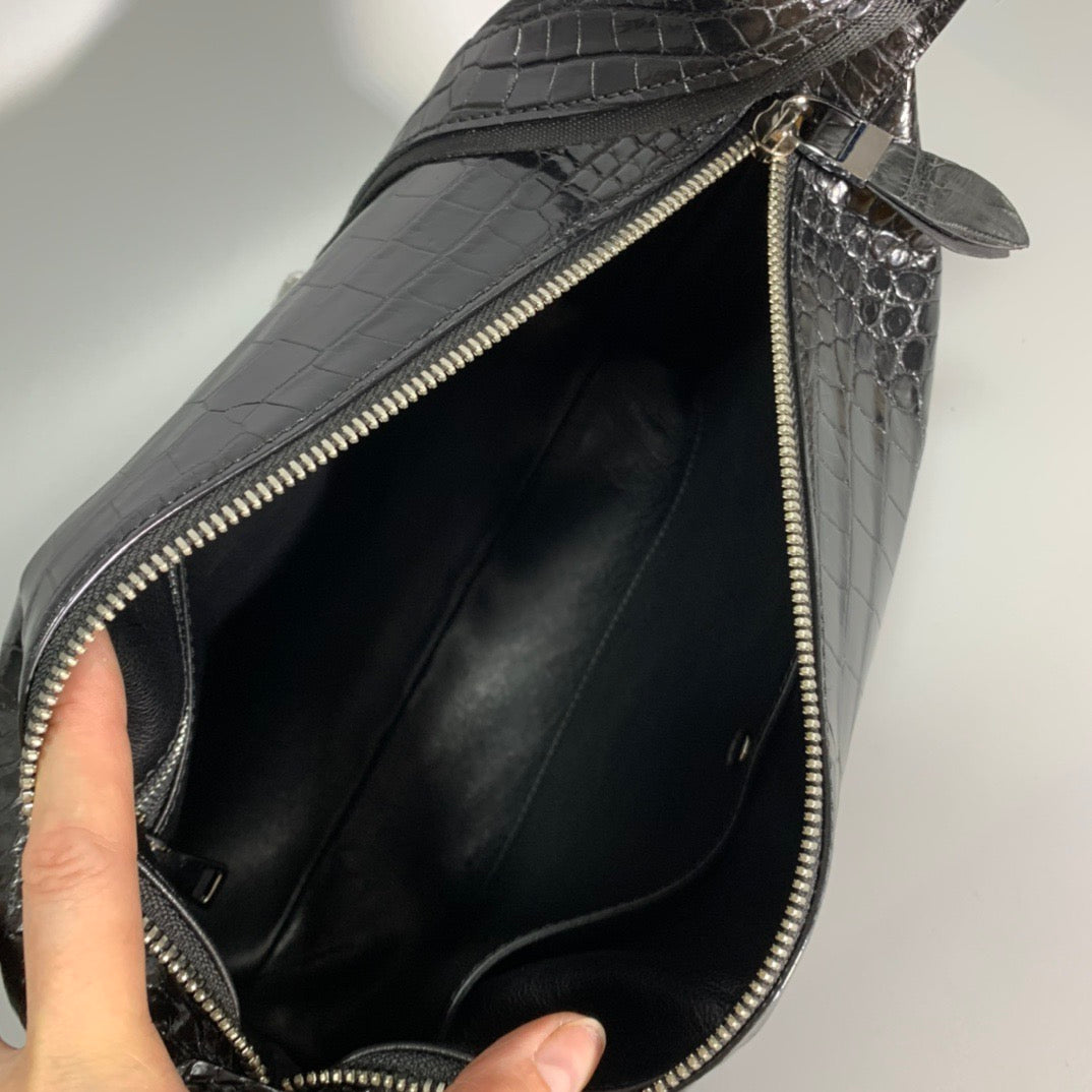 Genuine Crocodile Skin Leather Messenger Cross Body Bag Black