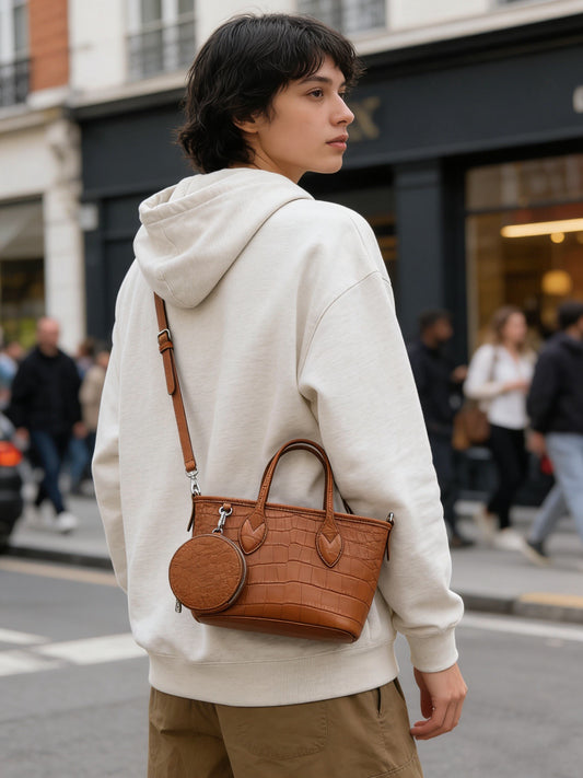 Women's Crocodile Leather Top Handle Bag With Small Round Pouch