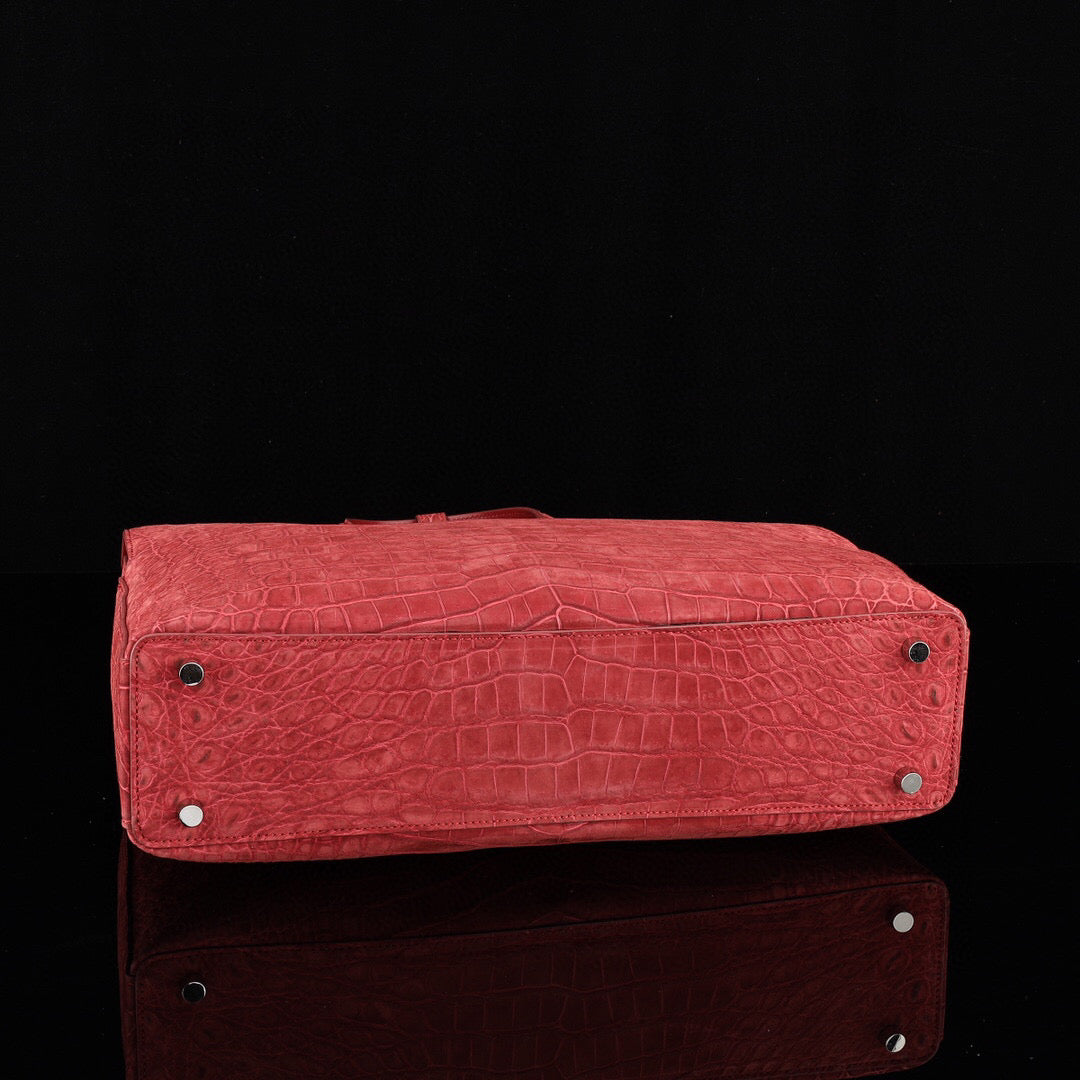 Sanded Genuine Crocodile Skin Leather Top Handle Tote Duffel Bag Large