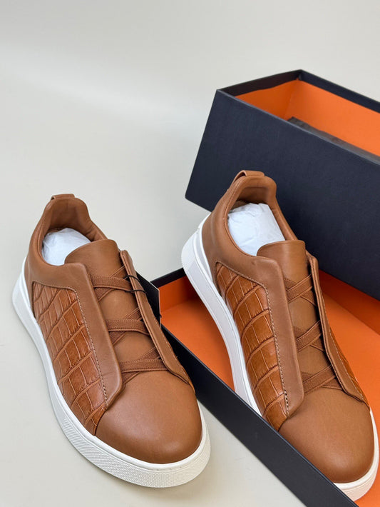 Crocodile Shoes , Calfskin Leather Mid-Genuine Crocodile Skin Leather Sneakers Tan