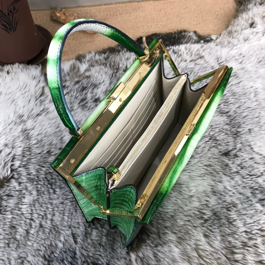 Vintage Crocodile Leather Evening Purse Top Handle Clutch Bag