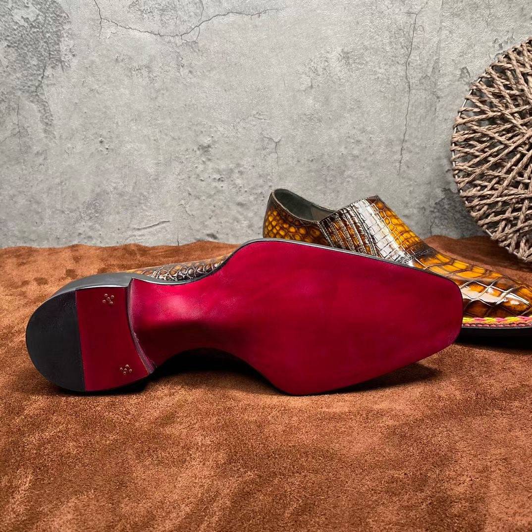 Crocodile Shoes Men's Crocodile Leather Norwegian Stitching Lace Up Dress Shoes Vintage Brown