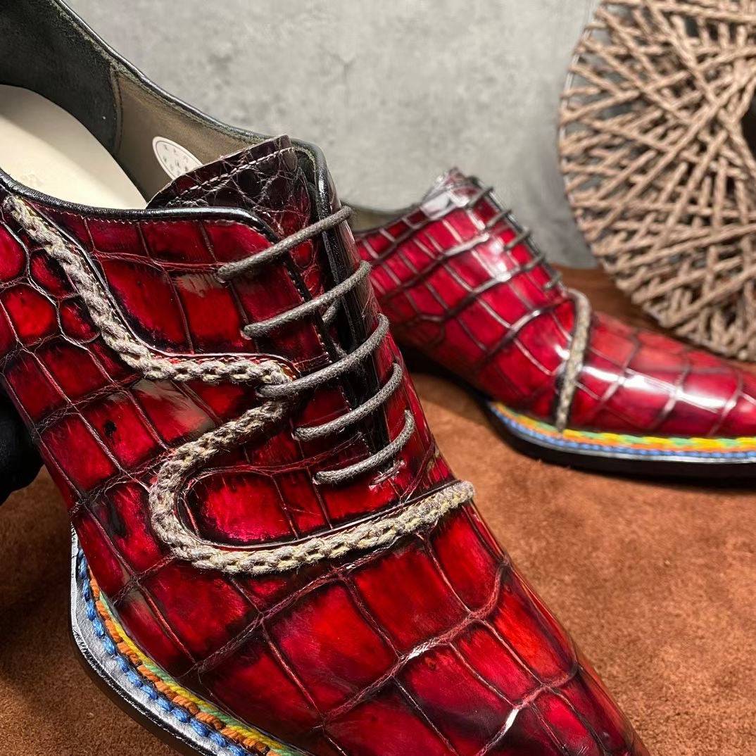 Crocodile Shoes Men's Crocodile Leather Norwegian Stitching Lace Up Dress Shoes Vintage Wine Red