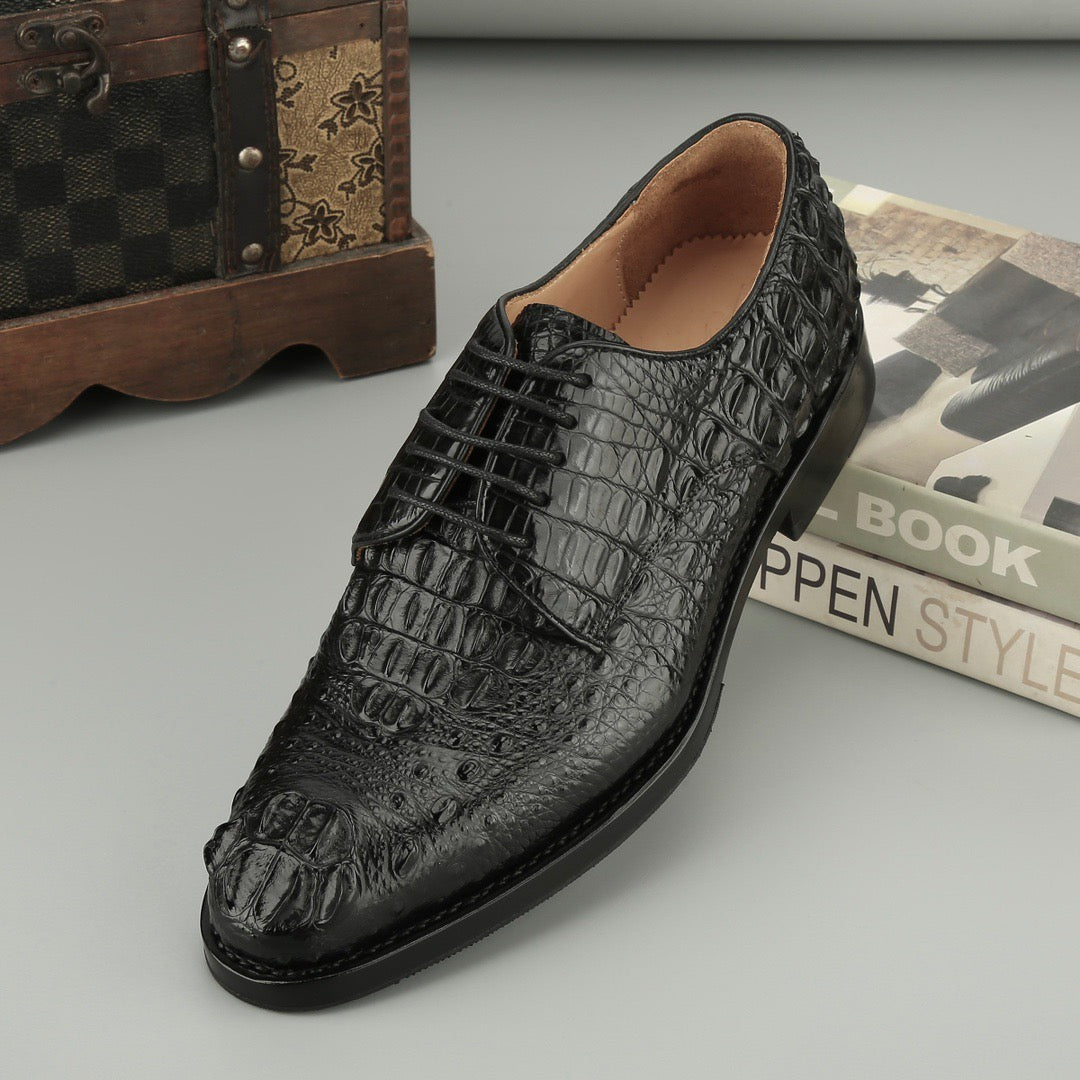 Giày Cá Sấu Đen Giày Nam Giày Da Cá Sấu Mũi Cap Buộc Dây - Giày Dự Tiệc Nam, Đế Goodyear
