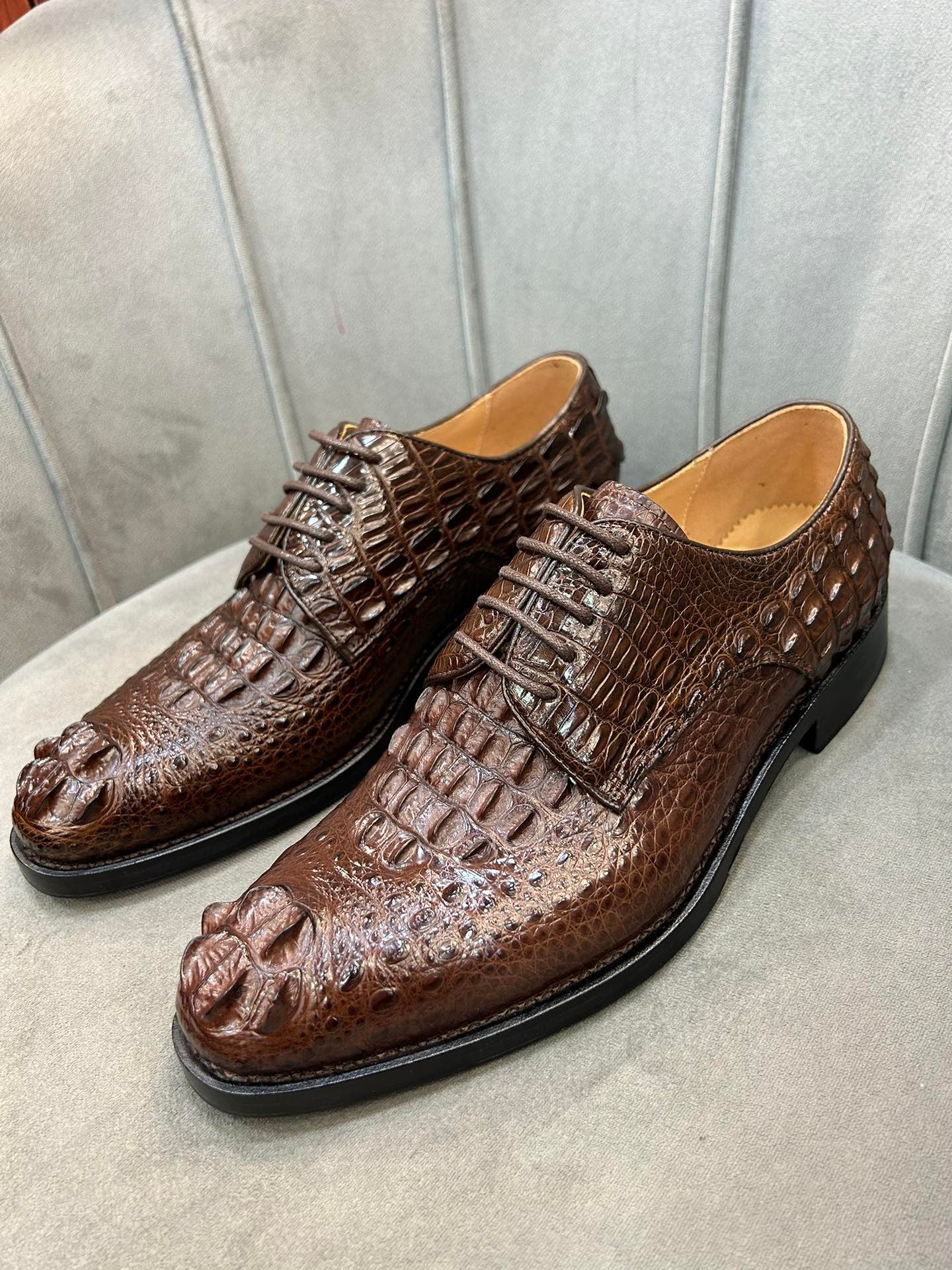 Giày Cá Sấu Đen Giày Nam Giày Da Cá Sấu Mũi Cap Buộc Dây - Giày Dự Tiệc Nam, Đế Goodyear