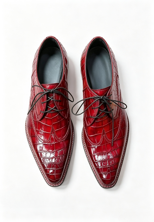 Men's Norwegian Sewn Crocodile Leather Slip-On Business Shoes Vintage Red