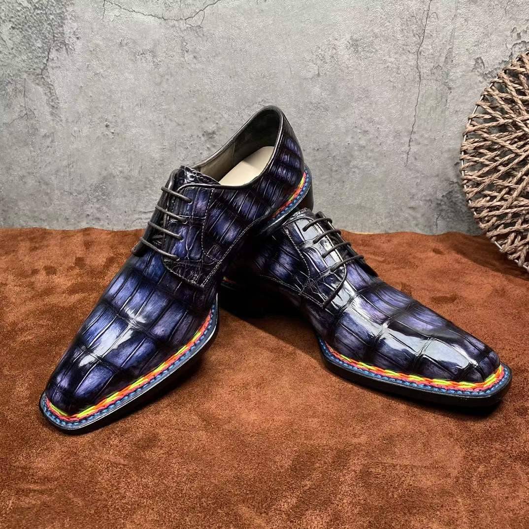 Preorder Crocodile Shoes Men's Crocodile Leather Norwegian Stitching Lace Up Dress Shoes Vintage Grey