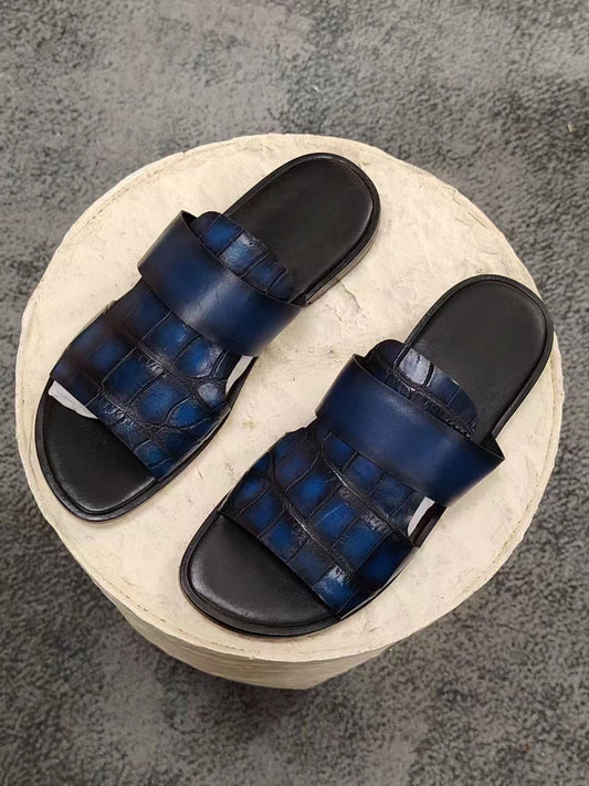 Men's Slipper , Vintage Blue Crocodile Skin Leather Slipper Vintage Blue