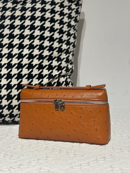 Genuine Ostrich Skin Leather Zipper Cosmetic Handle Bag