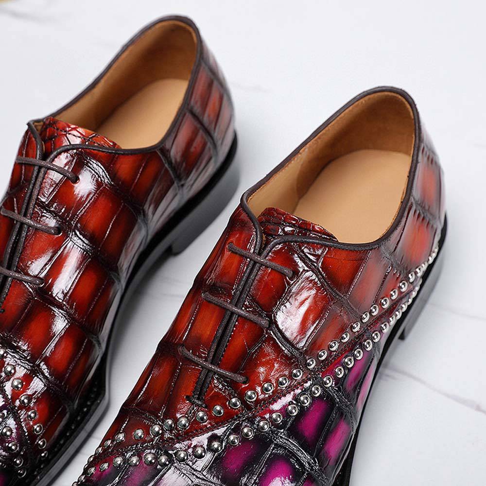 Crocodile Shoes Men's Crocodile Leather Shoes Lace Up Shoes Vintage Red & Pink