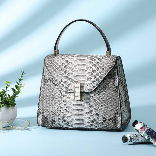 Womens Python Grey Leather Small Flap Bag Top Handle Cross Body Handbag