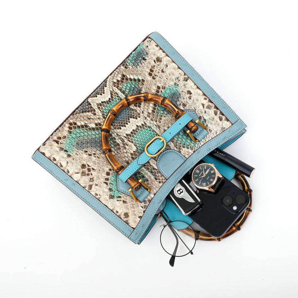 Womens Python Leather & Ostrich Leather Bamboo Bag Small Top Handle Cross Body Handbag