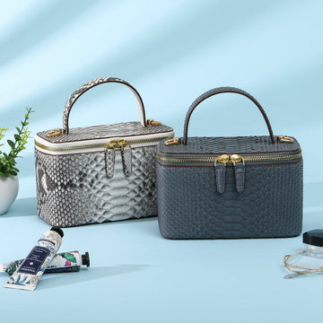 Womens Python Leather Top Handle Cosmetic Cross Body Bag