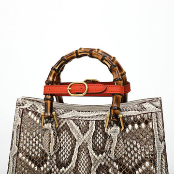 Womens Python Leather Large Bamboo Top Handle Cross Body Bag