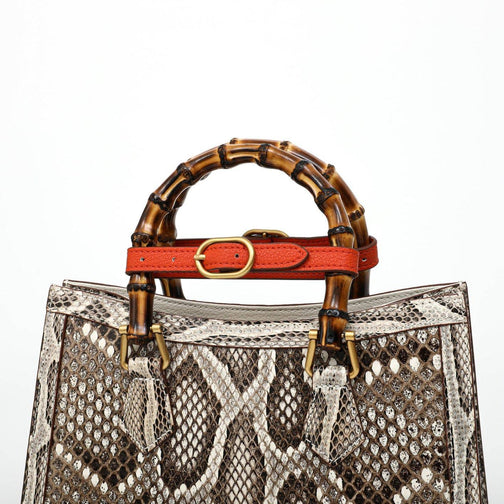 Womens Python Leather Large Bamboo Top Handle Cross Body Bag