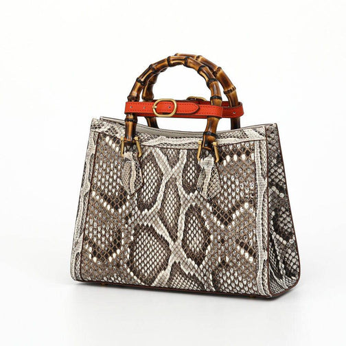 Womens Python Leather Large Bamboo Top Handle Cross Body Bag