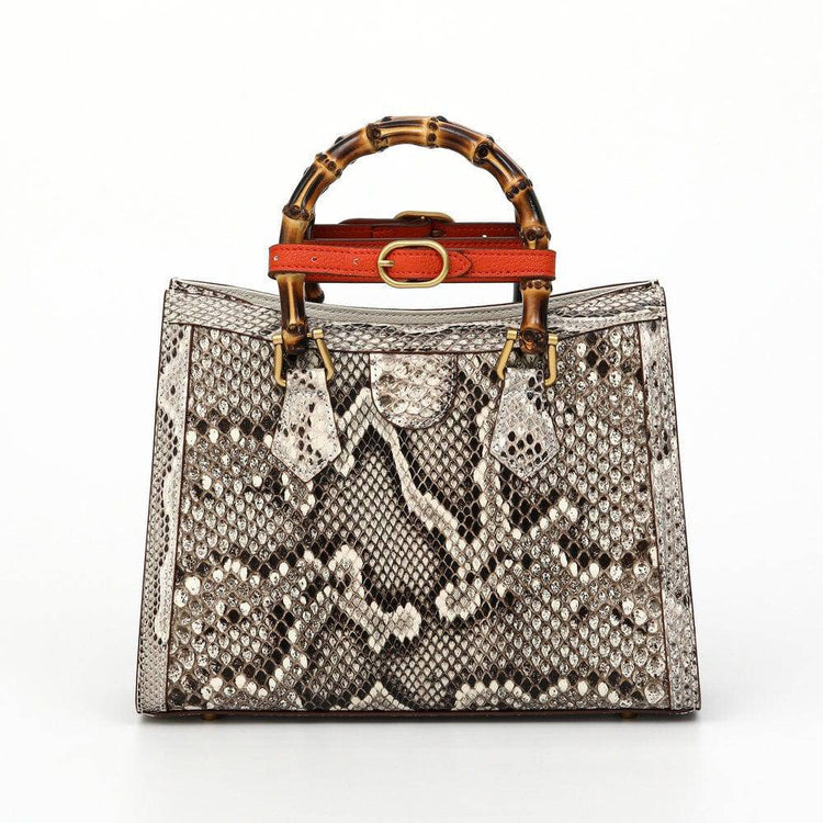 Womens Python Leather Large Bamboo Top Handle Cross Body Bag