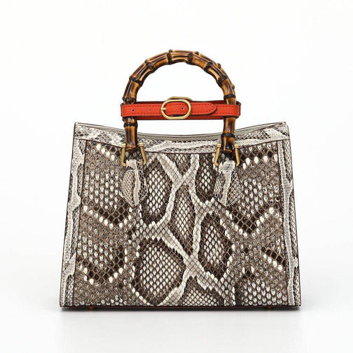 Womens Python Leather Large Bamboo Top Handle Cross Body Bag