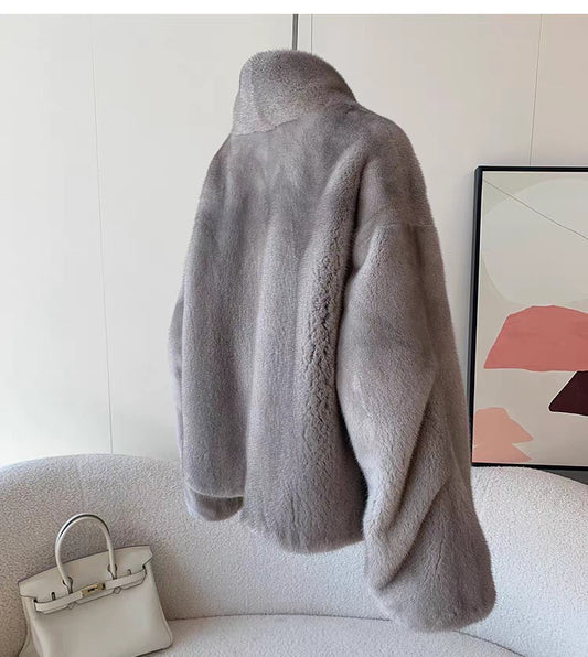 Women's Short Whole Mink Fur Coat,Imported Purple Label Velvet Mink, Stand Collar Short Fur Jacket