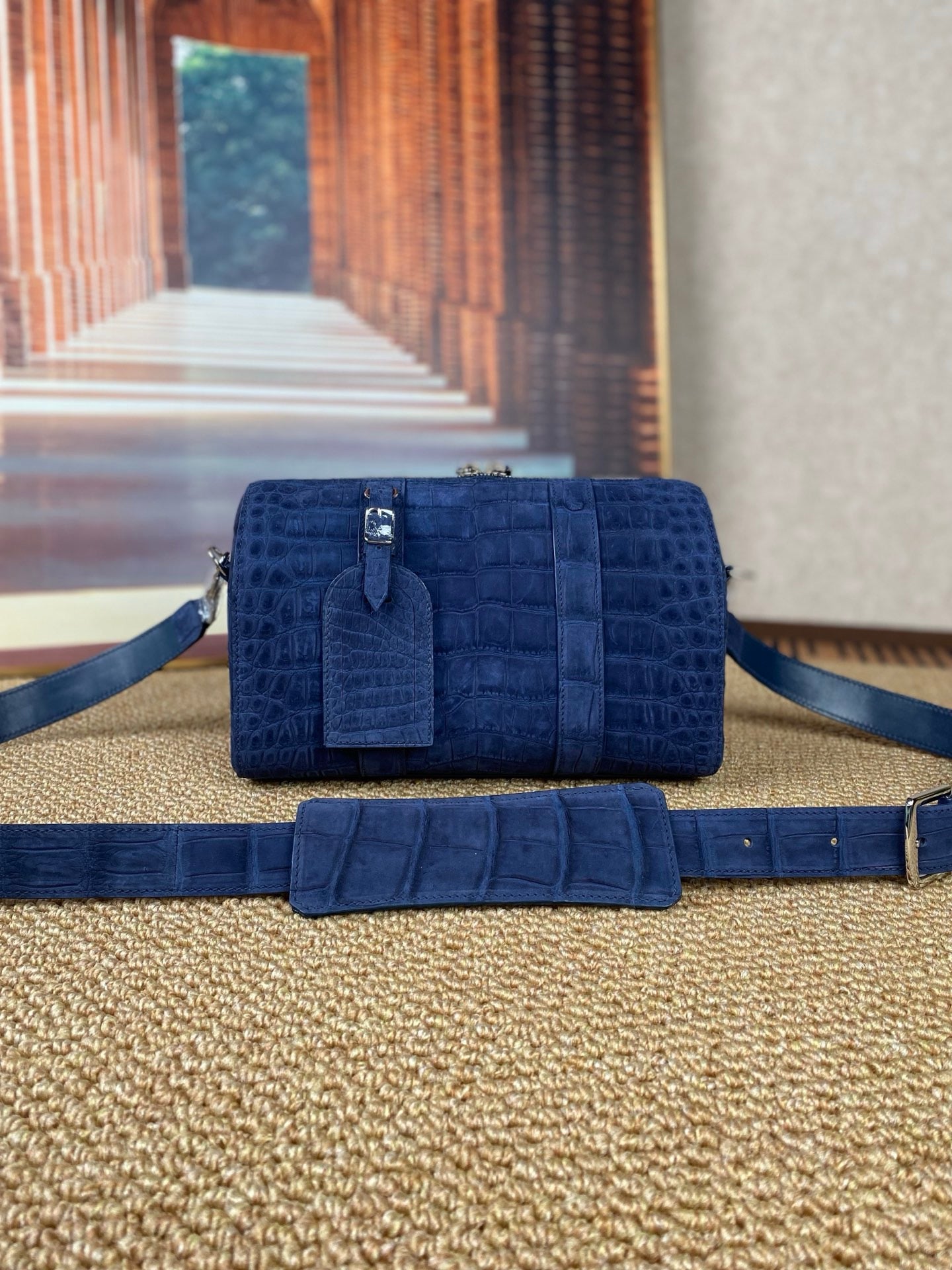 Men's Nubuck Crocodile Leather Crossbody Bag Blue | Rossie Viren
