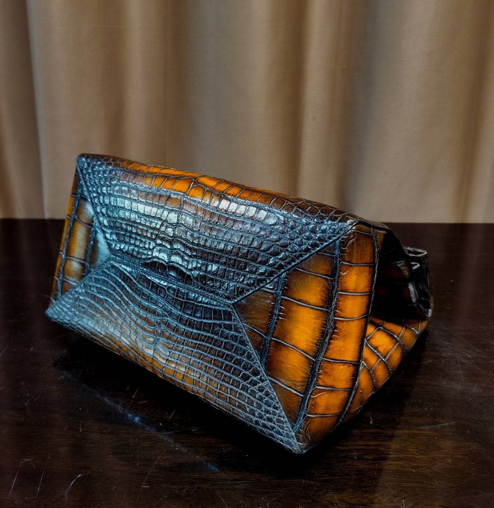 Vintage Crocodile Skin Leather Fold Top Organizer Storage Bag