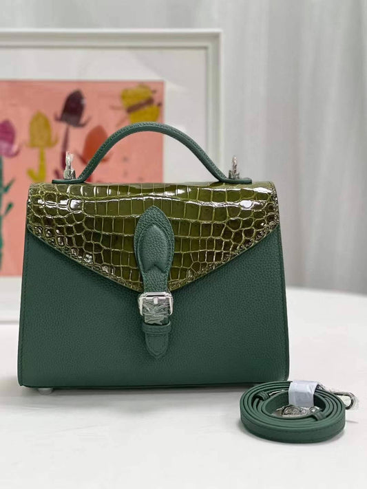 Womens Top Handle Bag Togo Leather / Shiny Himalaya Green Crocodile Skin Silver Hardware
